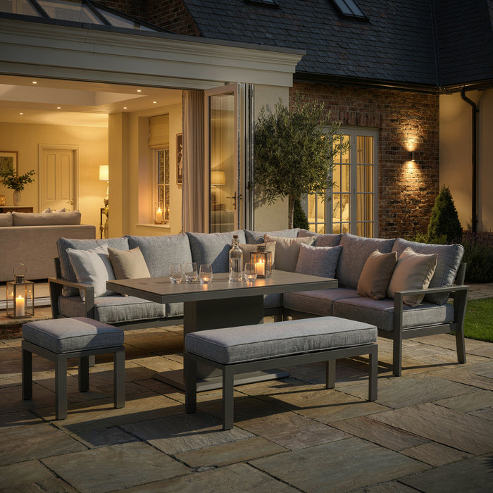 Montreal Aluminium Large Garden Corner Dining Set with Rectangular Rising Table, Footstool & Bench - Cool Linen