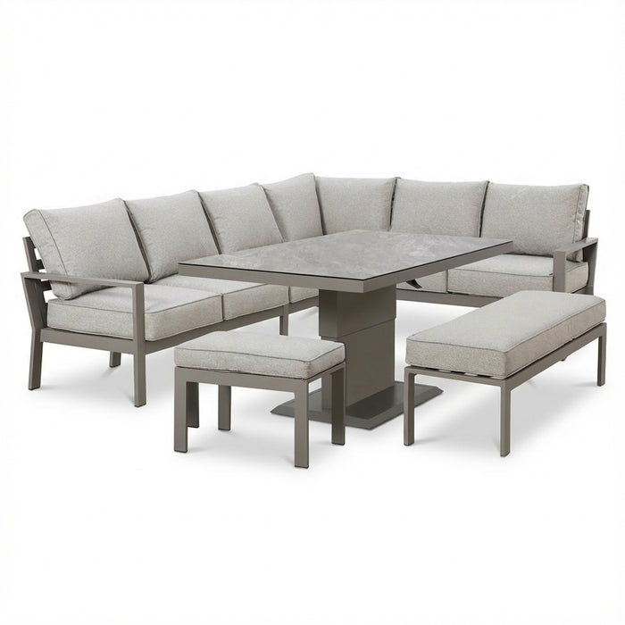 Montreal Aluminium Large Garden Corner Dining Set with Rectangular Rising Table, Footstool & Bench - Cool Linen