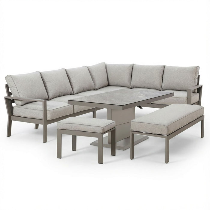 Montreal Aluminium Large Garden Corner Dining Set with Rectangular Rising Table Footstool & Bench - Cool Linen
