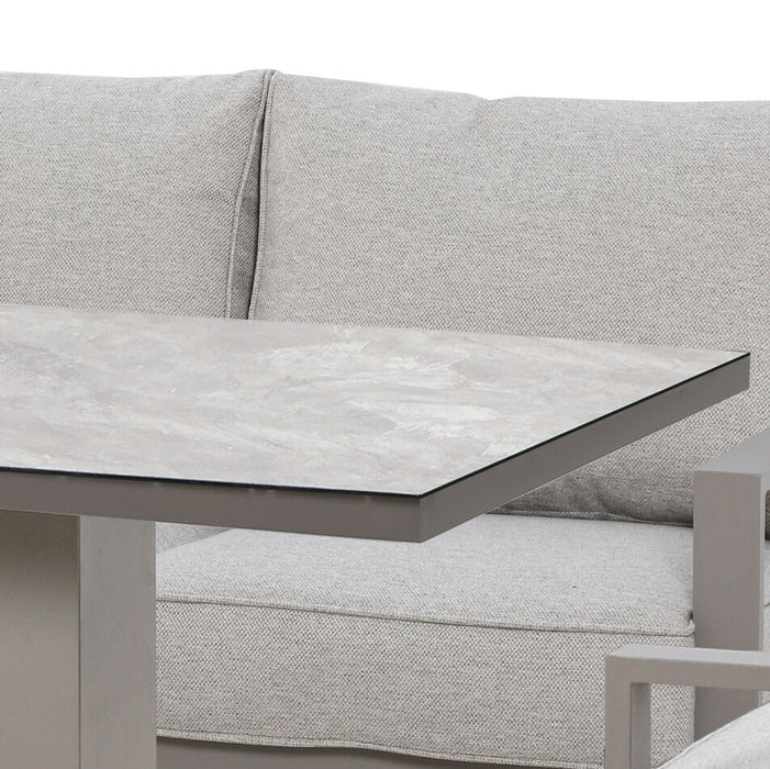 Montreal Aluminium Large Garden Corner Dining Set with Rectangular Rising Table Footstool & Bench - Cool Linen