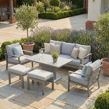 Montreal Aluminium 3 Seat Garden Sofa Dining Set with Rising Table & Footstools - Cool Linen