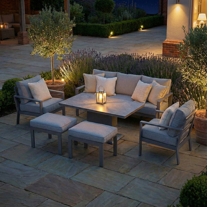 Montreal Aluminium 3 Seat Garden Sofa Dining Set with Rising Table & Footstools - Cool Linen