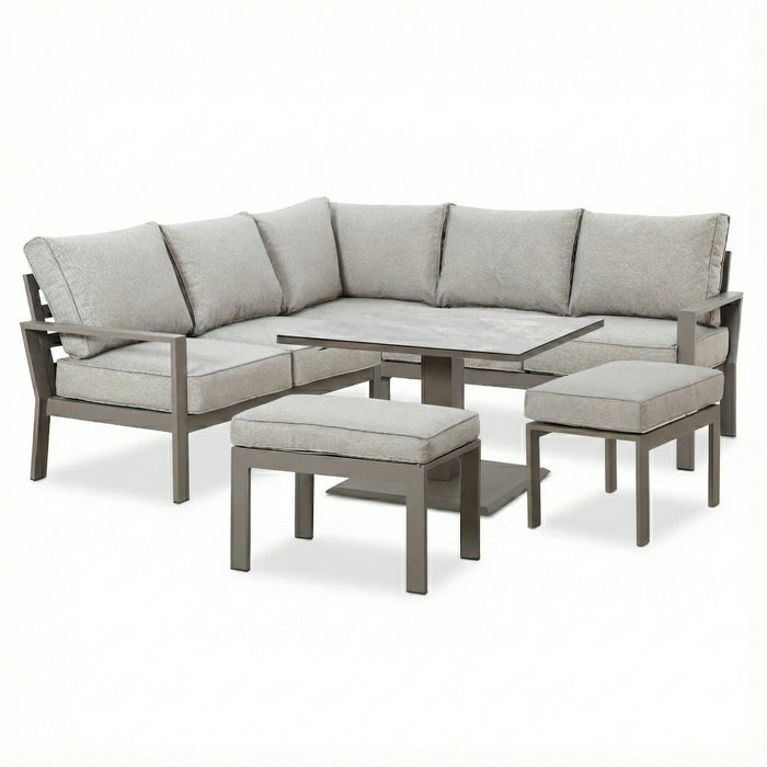 Montreal Aluminium Small Garden Sofa Dining Set with Square Rising Table & Footstools - Cool Linen