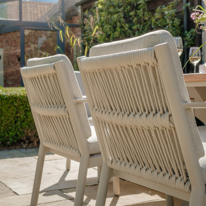 Pair of Sicily Rope Weave Garden Dining Chairs with Teak Arms - Latte