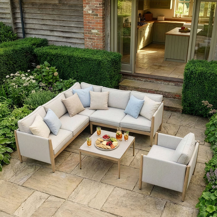 Burford Small Aluminium Corner Sofa Set with Square Coffee Table & Armchair - Almond
