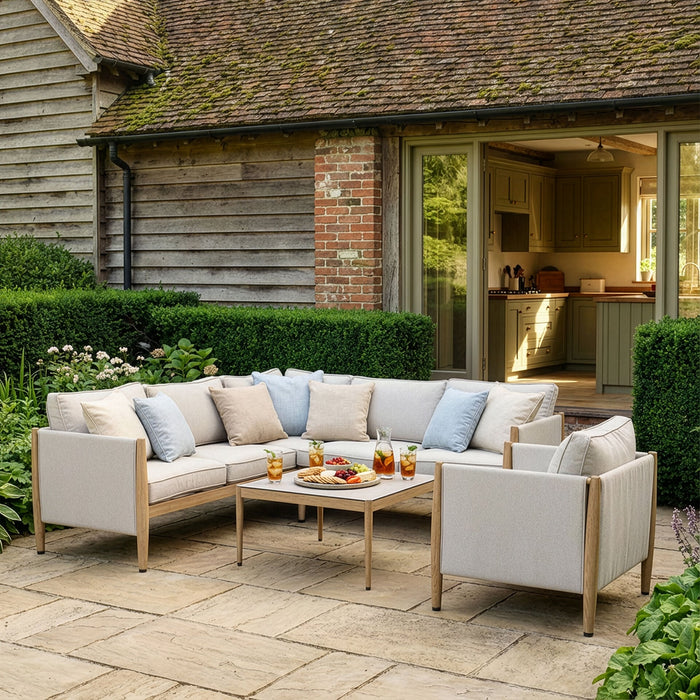 Burford Small Aluminium Corner Sofa Set with Square Coffee Table & Armchair - Almond
