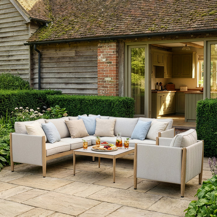 Burford Small Aluminium Corner Sofa Set with Square Coffee Table & Armchair - Almond