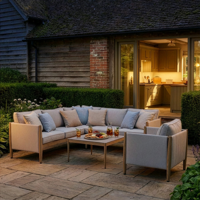Burford Small Aluminium Corner Sofa Set with Square Coffee Table & Armchair - Almond