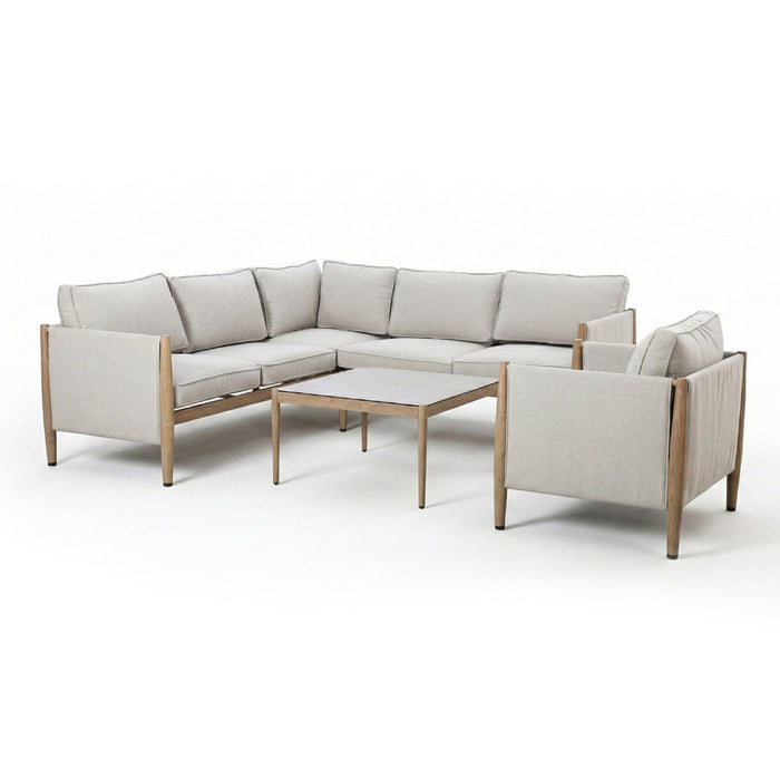 Burford Small Aluminium Corner Sofa Set with Square Coffee Table & Armchair - Almond