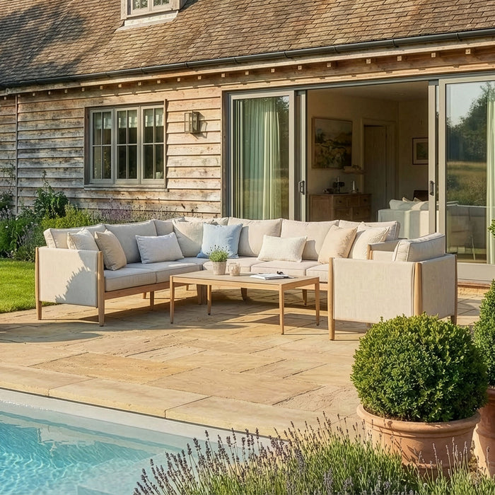 Burford Large Aluminium Corner Sofa Set with Rectangular Coffee Table & Armchair - Almond