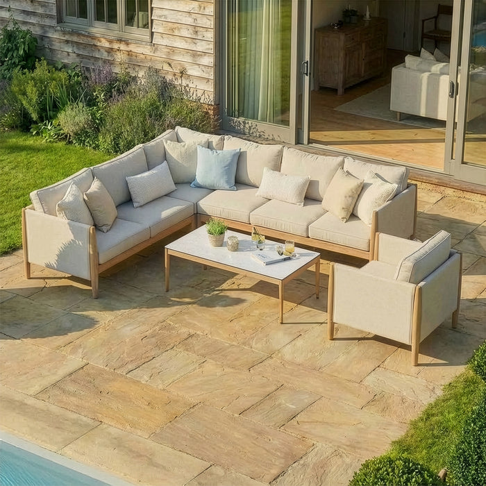 Burford Large Aluminium Corner Sofa Set with Rectangular Coffee Table & Armchair - Almond