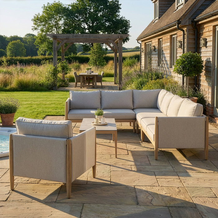 Burford Large Aluminium Corner Sofa Set with Rectangular Coffee Table & Armchair - Almond