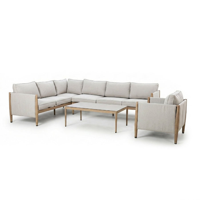Burford Large Aluminium Corner Sofa Set with Rectangular Coffee Table & Armchair - Almond