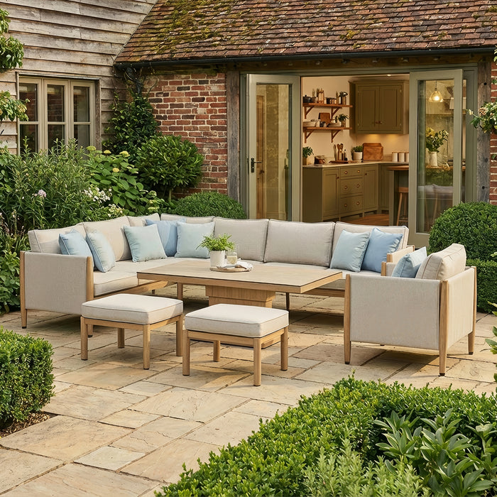 Burford Large Aluminium Corner Dining Set with Rising Table, Footstools & Armchair - Almond