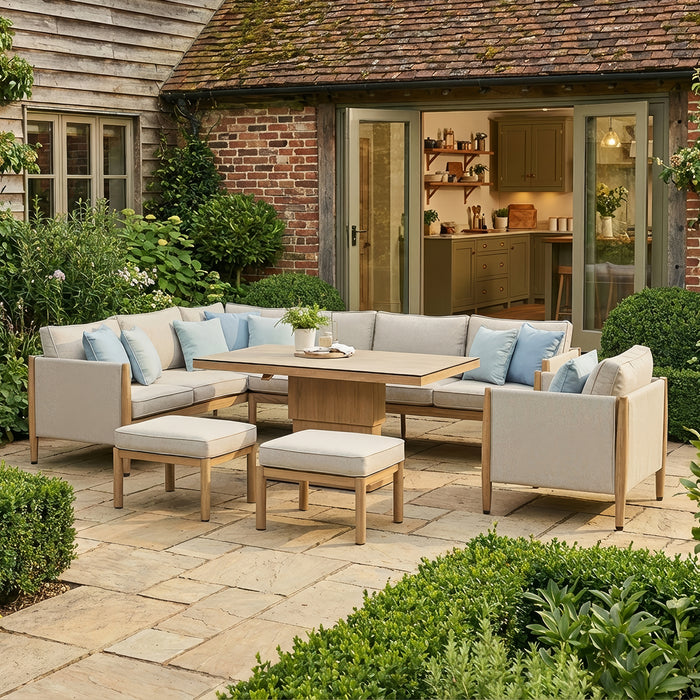Burford Large Aluminium Corner Dining Set with Rising Table, Footstools & Armchair - Almond
