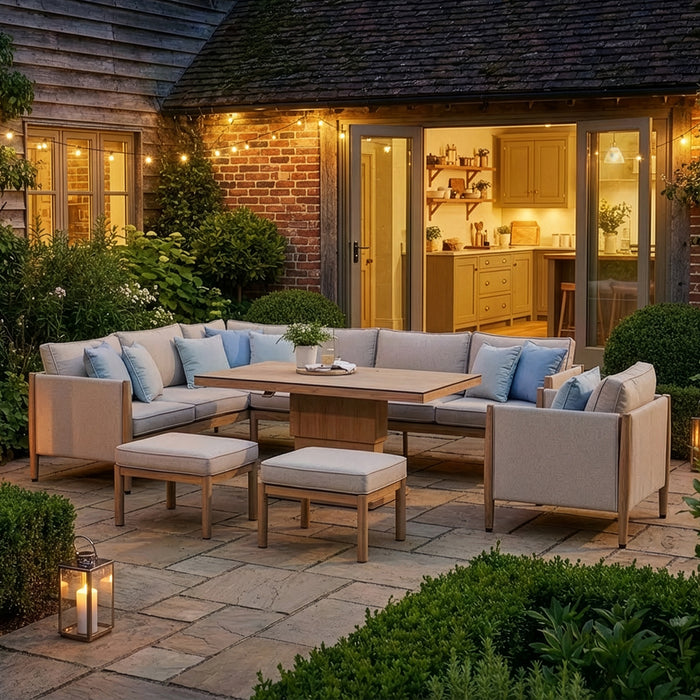 Burford Large Aluminium Corner Dining Set with Rising Table, Footstools & Armchair - Almond