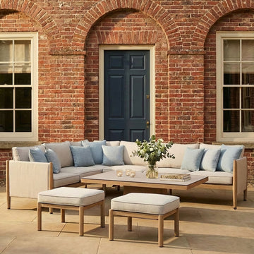 Burford Large Aluminium Corner Dining Set with Rising Table & Footstools - Almond