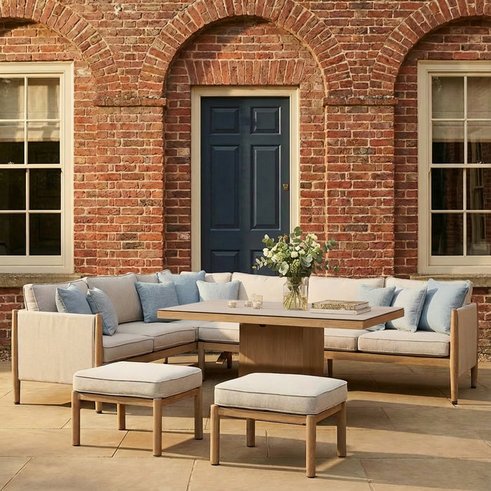 Burford Large Aluminium Corner Dining Set with Rising Table & Footstools - Almond