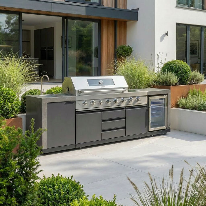 Ember Linear Outdoor Kitchen with 6 Burner Gas Grill, Sink and Fridge