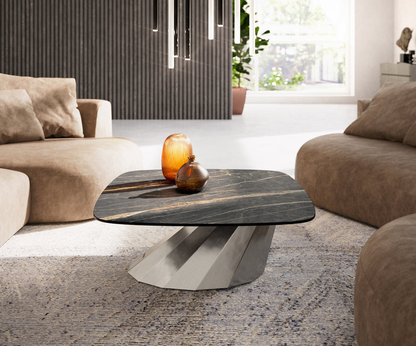 Boat Coffee Table Aurora 90x90cm Ceramic Noir Desir Brown Parabi Frame Stainless Steel Silver