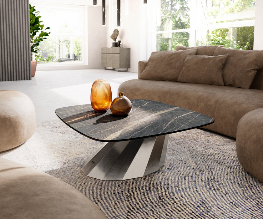 Boat Coffee Table Aurora 90x90cm Ceramic Noir Desir Brown Parabi Frame Stainless Steel Silver