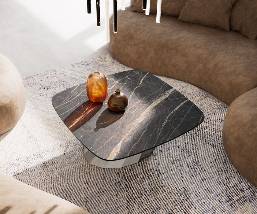 Boat Coffee Table Aurora 90x90cm Ceramic Noir Desir Brown Parabi Frame Stainless Steel Silver