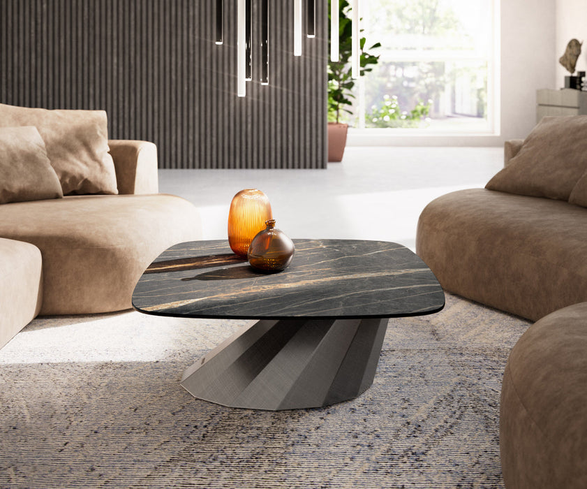 Boat Coffee Table Aurora 90x90cm Ceramic Noir Desir Brown Parabi Frame Metal Silver