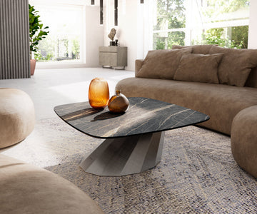 Boat Coffee Table Aurora 90x90cm Ceramic Noir Desir Brown Parabi Frame Metal Silver
