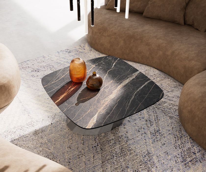 Boat Coffee Table Aurora 90x90cm Ceramic Noir Desir Brown Parabi Frame Metal Silver