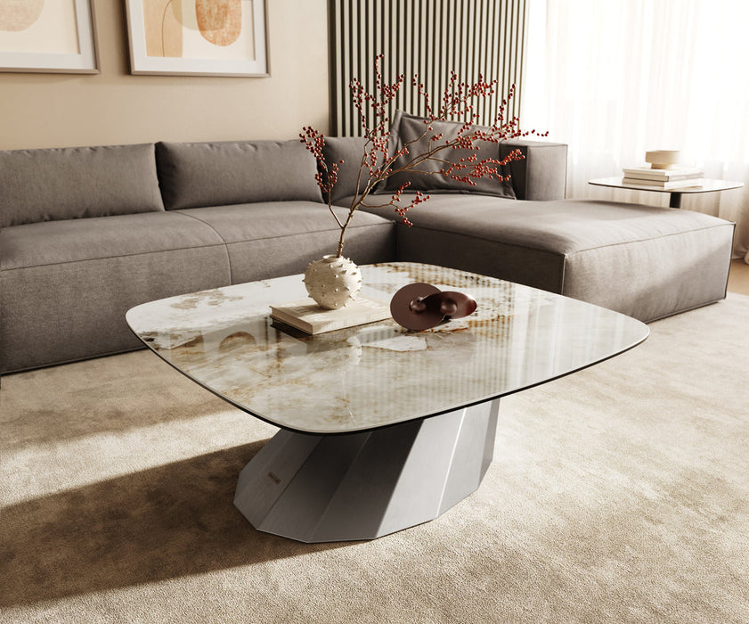 Boat Coffee Table Aurora 90x90cm Ceramic Minas Melange Beige Parabi Frame Stainless Steel Silver