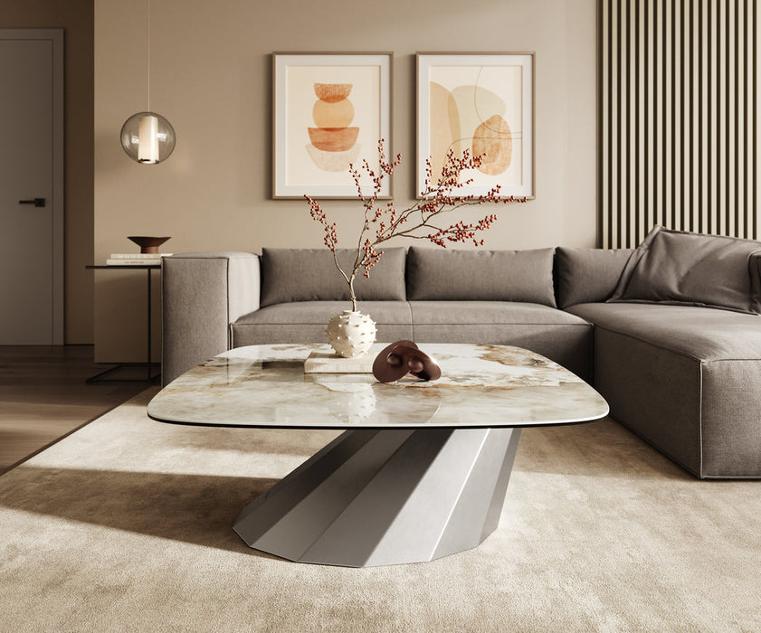 Boat Coffee Table Aurora 90x90cm Ceramic Minas Melange Beige Parabi Frame Stainless Steel Silver