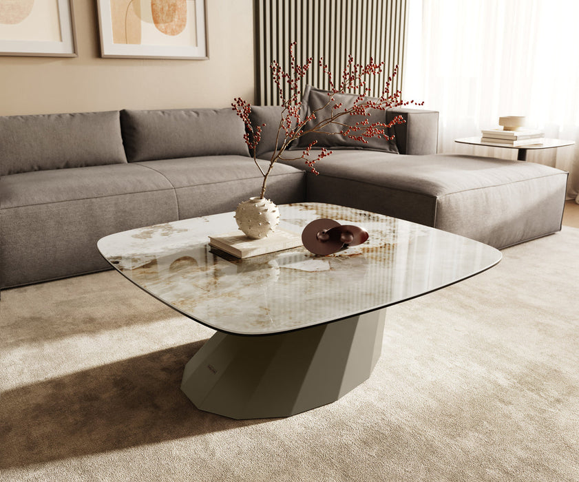 Boat Coffee Table Aurora 90x90cm Ceramic Minas Melange Beige Parabi Frame Metal Titanium
