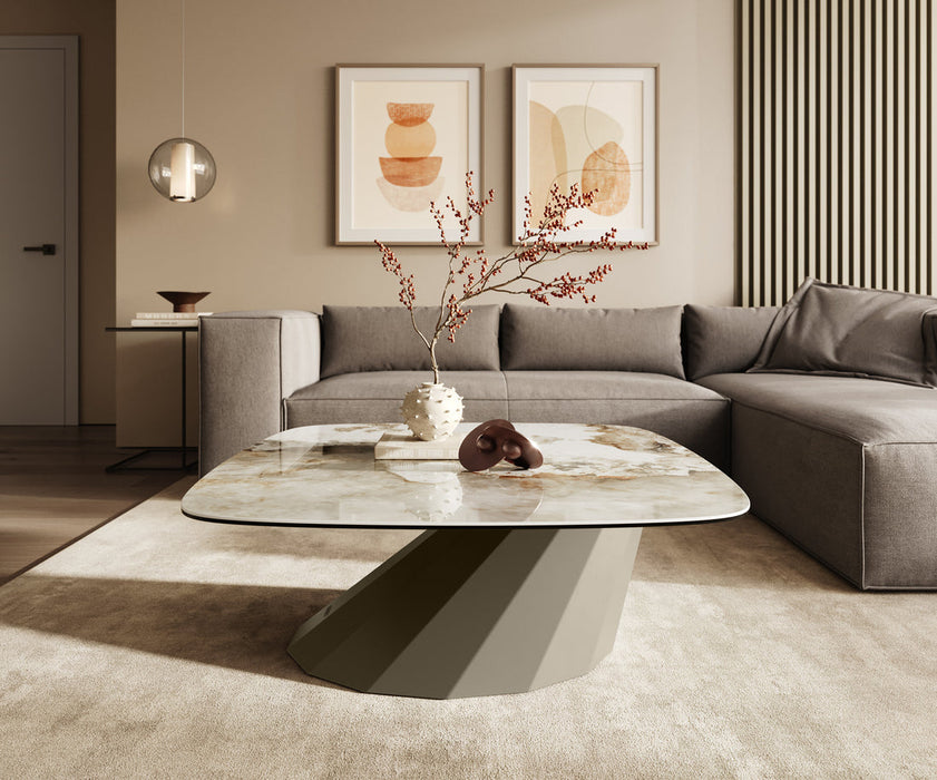 Boat Coffee Table Aurora 90x90cm Ceramic Minas Melange Beige Parabi Frame Metal Titanium