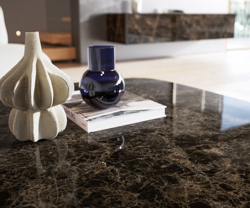 Boat Coffee Table Aurora 90x90cm Ceramic Emperador Extra Lucidato Parabi Frame Metal Black