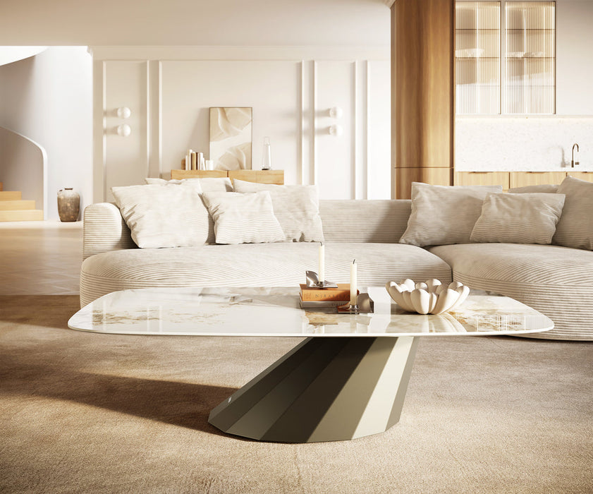 Boat Coffee Table Aurora 140x80cm Ceramic Minas Melange Beige Parabi Frame Metal Titanium