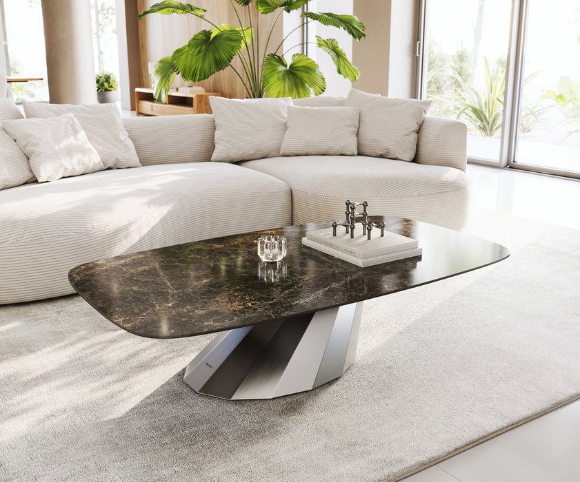 Boat Coffee Table Aurora 140x80cm Ceramic Emperador Extra Lucidato Parabi Frame Stainless Steel Silver