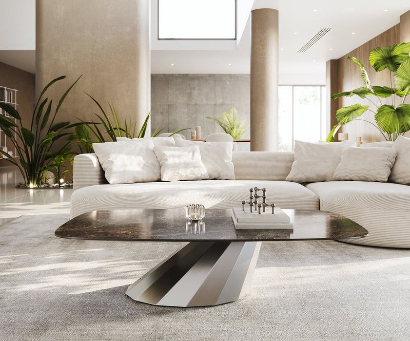 Boat Coffee Table Aurora 140x80cm Ceramic Emperador Extra Lucidato Parabi Frame Stainless Steel Silver