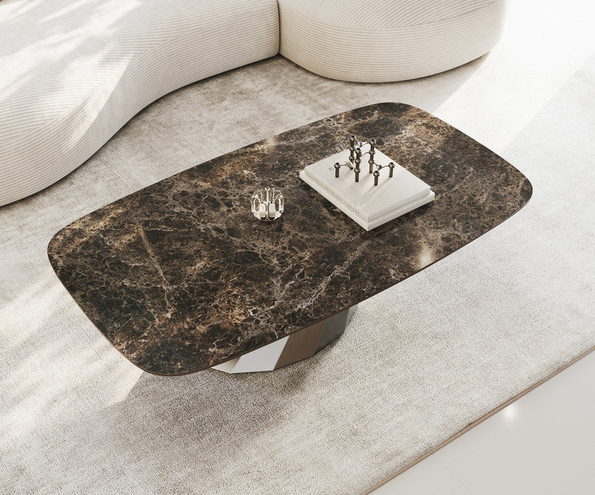 Boat Coffee Table Aurora 140x80cm Ceramic Emperador Extra Lucidato Parabi Frame Stainless Steel Silver