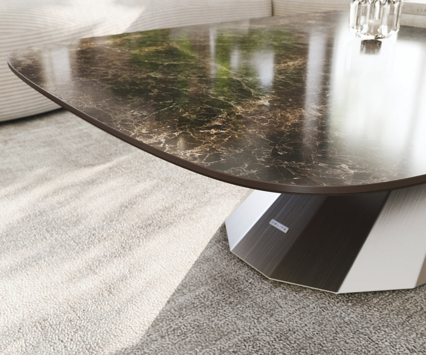 Boat Coffee Table Aurora 140x80cm Ceramic Emperador Extra Lucidato Parabi Frame Stainless Steel Silver