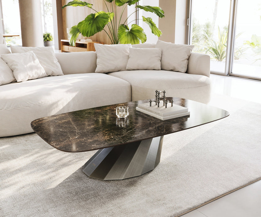 Boat Coffee Table Aurora 140x80cm Ceramic Emperador Extra Lucidato Parabi Frame Metal Silver