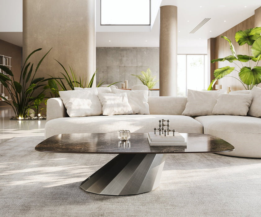 Boat Coffee Table Aurora 140x80cm Ceramic Emperador Extra Lucidato Parabi Frame Metal Silver