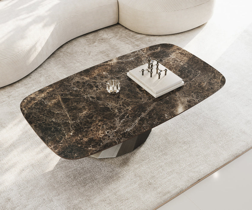 Boat Coffee Table Aurora 140x80cm Ceramic Emperador Extra Lucidato Parabi Frame Metal Silver