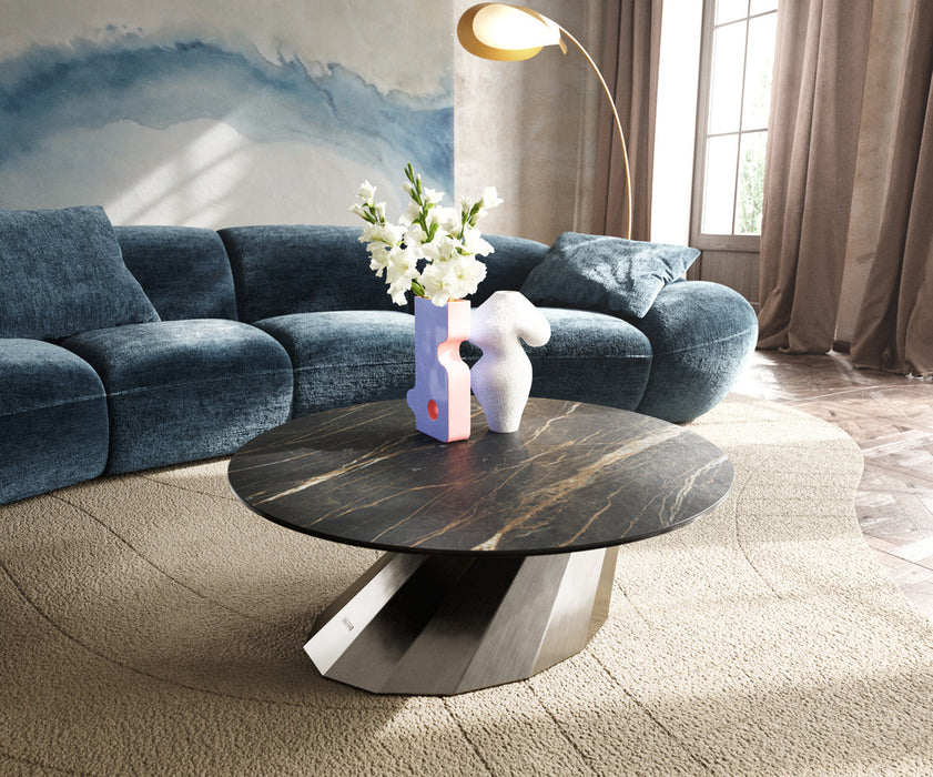 Round Coffee Table Aurora 90x90cm Ceramic Noir Desir Brown Parabi Frame Stainless Steel Silver