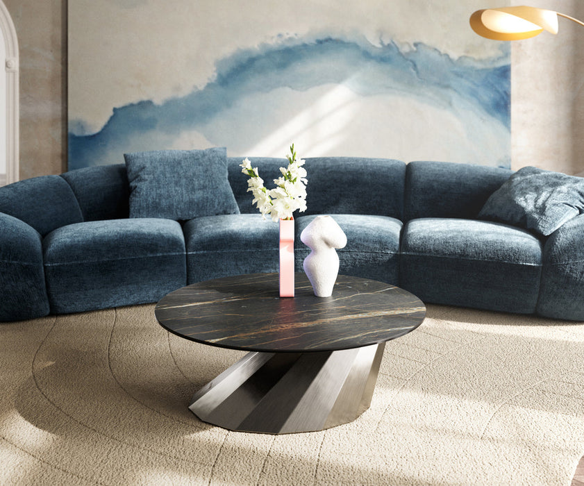 Round Coffee Table Aurora 90x90cm Ceramic Noir Desir Brown Parabi Frame Stainless Steel Silver