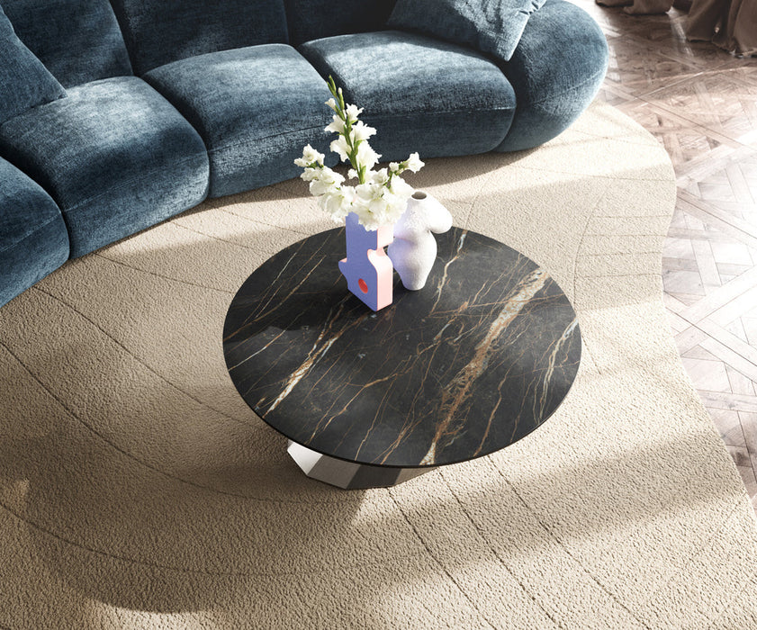 Round Coffee Table Aurora 90x90cm Ceramic Noir Desir Brown Parabi Frame Stainless Steel Silver