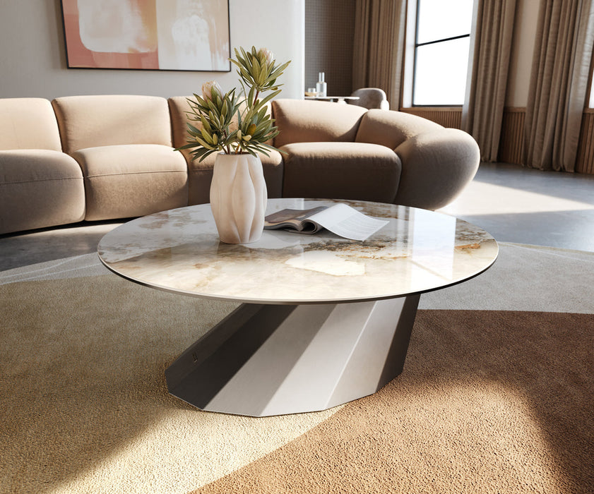 Round Coffee Table Aurora 90x90cm Ceramic Minas Melange Beige Parabi Frame Stainless Steel Silver