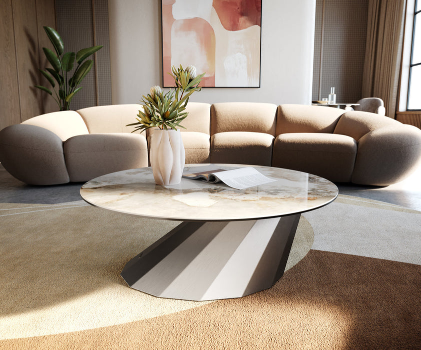Round Coffee Table Aurora 90x90cm Ceramic Minas Melange Beige Parabi Frame Stainless Steel Silver