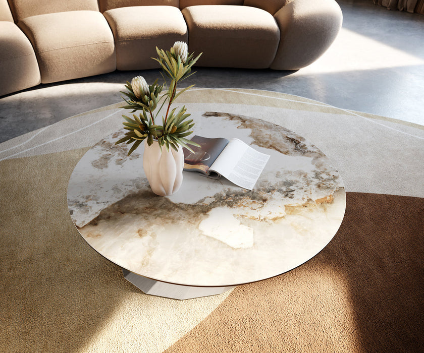 Round Coffee Table Aurora 90x90cm Ceramic Minas Melange Beige Parabi Frame Stainless Steel Silver