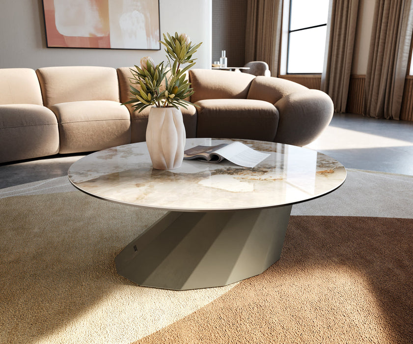 Round Coffee Table Aurora 90x90cm Ceramic Minas Melange Beige Parabi Frame Metal Titanium