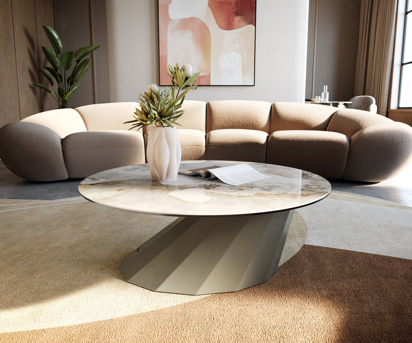 Round Coffee Table Aurora 90x90cm Ceramic Minas Melange Beige Parabi Frame Metal Titanium